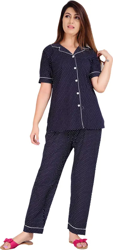 Blue Polka Print Women’s Shirt & Pyjama Set - 100% Cotton, Relaxed Fit, Comfortable Sleepwear, Half Sleeve, Casual Lounge Wear