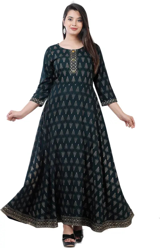 Dark Green Printed Viscose Rayon Stitched Anarkali Gown - Round Neck, 3/4 Sleeve, Casual Wear for Women