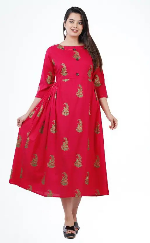 Women Printed Viscose Rayon Straight Kurta (Pink, Gold) | Calf Length, Round Neck, Casual Wear | Stylish Ethnic Wear with All-Over Print, 3/4 Sleeves | Ideal for Casual Occasions