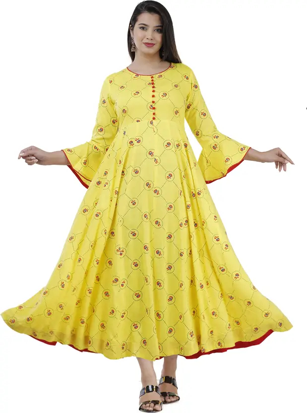 Women’s Yellow Viscose Rayon Kurta | Calf Length, Round Neck | Comfortable and Stylish Ethnic Wear for Every Occasion