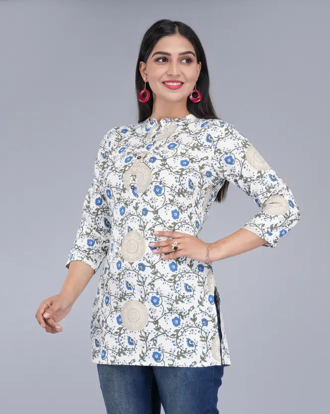 Women’s White Floral Print A-Line Kurta | Khadi Silk, 3/4 Sleeves | Above Knee, Round Neck | Ethnic Wear for Casual Occasions