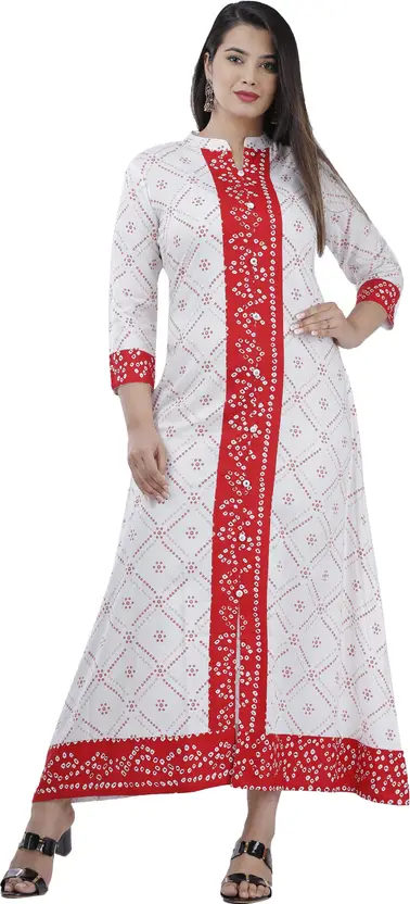 Women's Red and White Printed Kurta in Viscose Rayon – Casual Ankle Length with Mandarin Collar, 3/4 Sleeves, Ethnic Wear for Daily Comfort