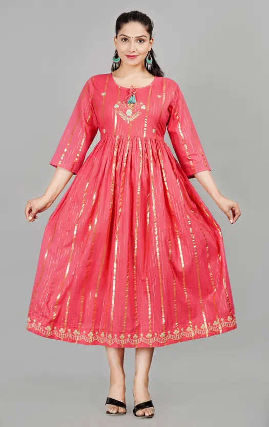 Aarti Fashion Women's Red Embroidered Viscose Rayon Anarkali Kurta – Casual Calf-Length, 3/4 Sleeves, Regular Fit with Round Neck