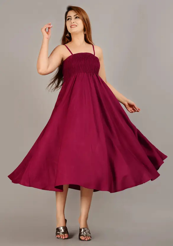 Aarti Fashion Women's Fit and Flare Purple Midi/Calf Length Dress – Sleeveless Square Neck with Viscose Rayon Fabric – Casual Wear