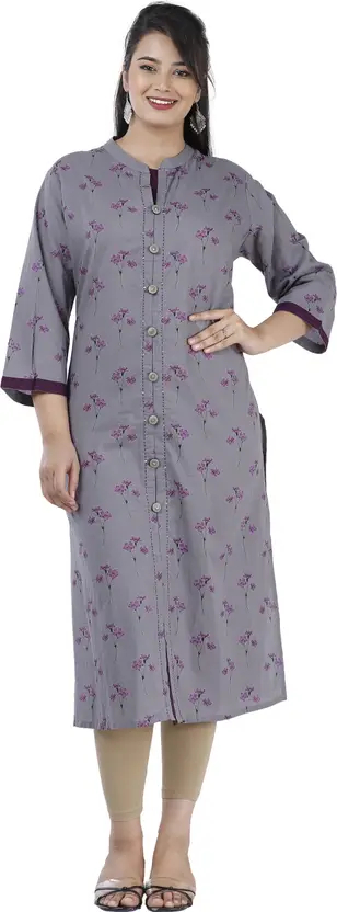 Women’s Grey Printed Kurta – Casual 3/4 Sleeve Mandarin Neck, Viscose Rayon, Ethnic Wear, Calf-Length