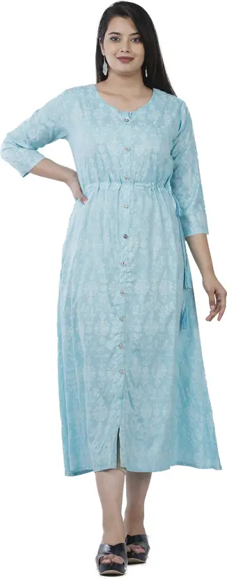 Women’s Light Blue Colorblock Viscose Rayon Stitched Anarkali Gown – Casual Wear, 3/4 Sleeve, Round Neck, Palazzo with Drawstring Waistband