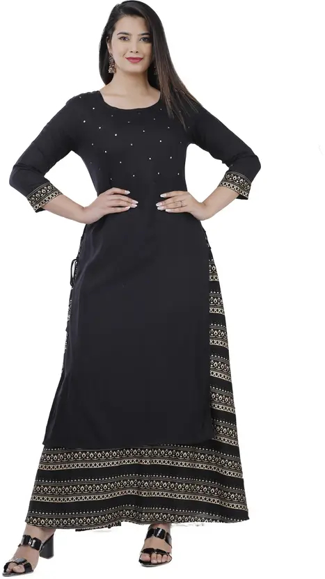 Elegant Black Printed Viscose Rayon Anarkali Gown for Women – Stitched, 3/4 Sleeve, Round Neck, Casual Wear for Family Events