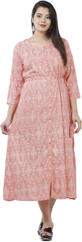 Aarti Fashion Women's Colorblock Viscose Rayon Gown Kurta (Pink) - Casual Ethnic Wear for Women - Regular Fit, 3/4 Sleeves, Round Neck, Floral Print, Calf Length, Premium Fabric