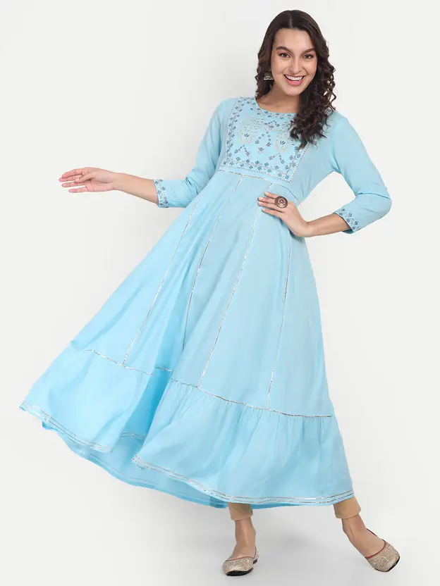 Embroidered Viscose Rayon Stitched Anarkali Gown - Light Blue, Round Neck, 3/4 Sleeves, Casual Wear, Ideal for Women