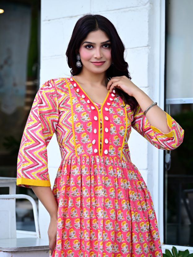 Women’s Pink Printed Anarkali Kurti | Stylish Ethnic Wear | Comfortable Cotton Blend Fabric | Daily Wear & Party Outfit | Designer Indian Long Kurta for Women