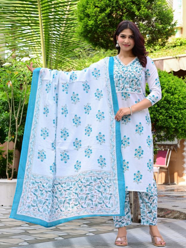 Women’s White and Blue Printed Cotton Salwar Suit Set with Dupatta | Elegant Ethnic Wear | Comfortable Daily Wear | Stylish Indian Kurta Pant Set for Women