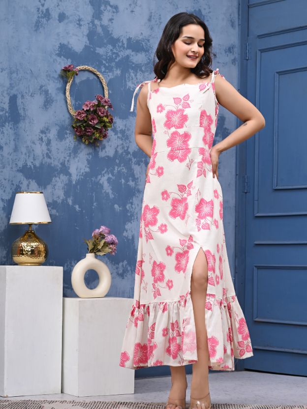 Women’s Cotton Sleeveless Floral Maxi Dress – Elegant Summer Long Dress with Shoulder Tie Straps & Side Slit | Casual Beach, Party & Daily Wear Outfit