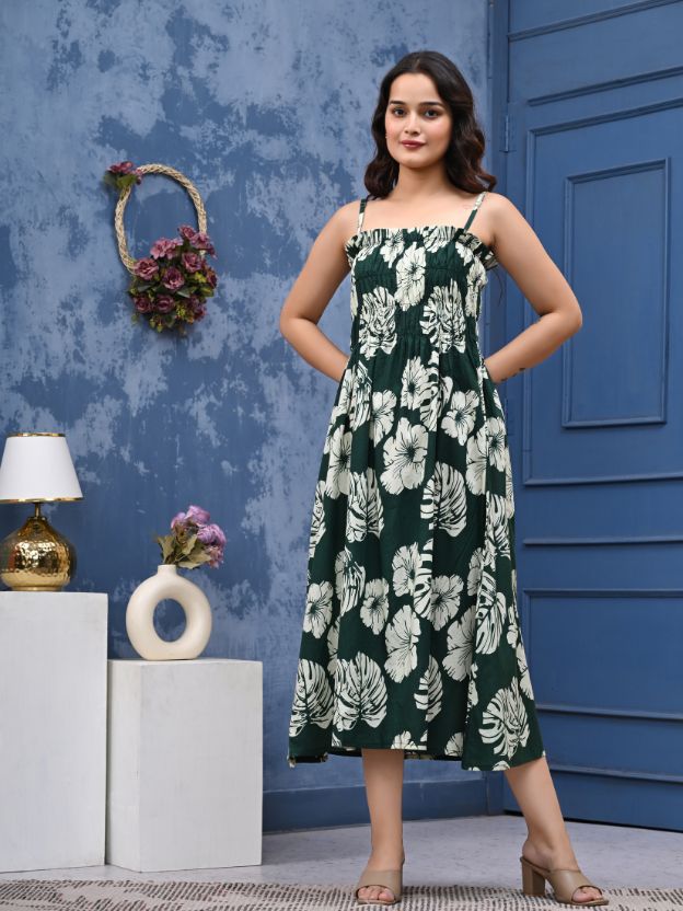 Women’s Cotton Green Floral Midi Dress – Sleeveless Smocked Sundress with Adjustable Straps | Casual Summer Outfit for Vacation, Beach, Party & Daily Wear