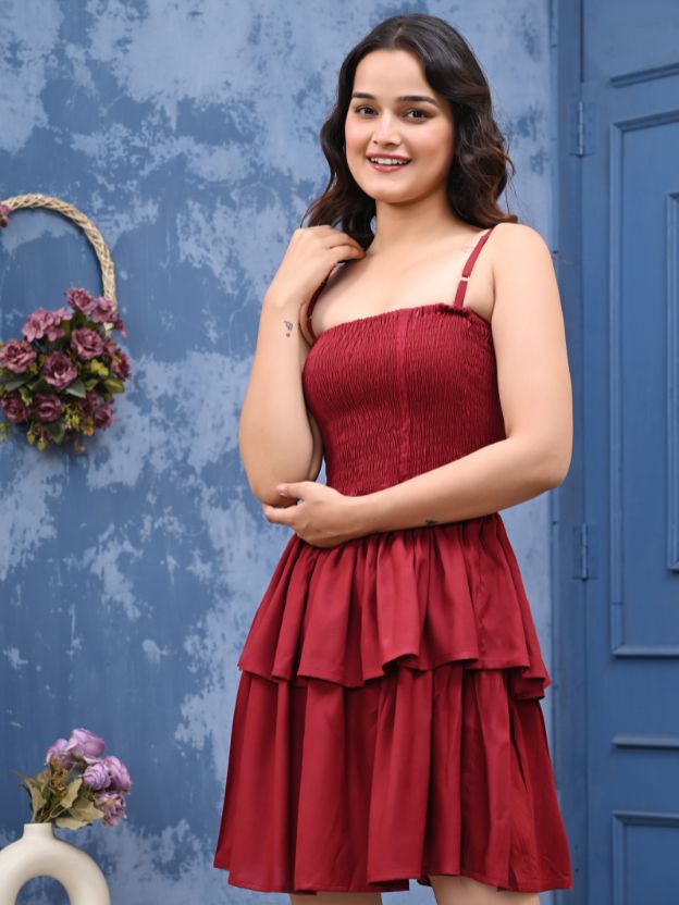 Women’s Elegant Wine Red Mini Dress with Layered Ruffle Skirt & Smocked Bodice | Sleeveless A-Line Party Dress with Adjustable Straps | Stylish Cocktail, Casual & Evening Wear