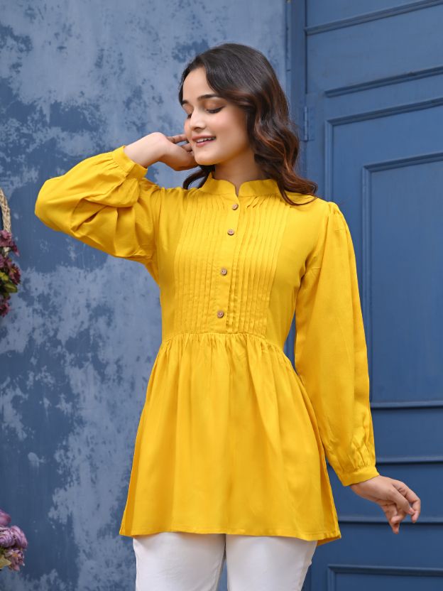 Women’s Mustard Yellow Tunic Top with Front Pleated Design & Wooden Buttons | Long Sleeve Casual Kurti for Jeans & Leggings | Elegant Comfortable Ethnic & Western Fusion Wear