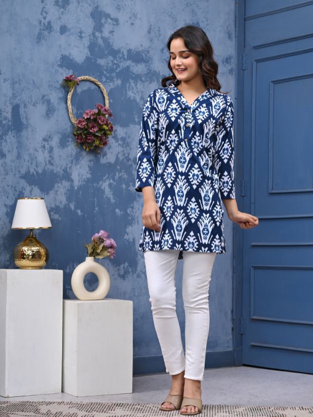 Women’s Blue & White Printed Cotton Kurti Top with V-Neck and 3/4 Sleeves | Stylish Ethnic Tunic for Daily Wear, Office, and Casual Outfits | Comfortable Summer Kurta