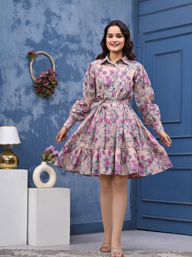 Women’s Floral Print  Dress with Long Puff Sleeves & Belted Waist | Elegant Collared A-Line Mini Dress for Casual, Office, Party & Daily Wear | Comfortable Cotton Blend Dress