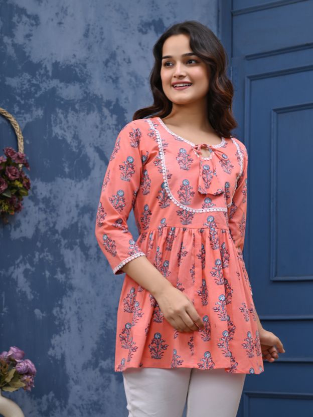 Women’s Cotton Printed Kurti Top | Casual & Office Wear Tunic with Floral Design | Comfortable 3/4 Sleeve Ethnic Wear | Stylish Daily Wear Kurtis for Girls & Women