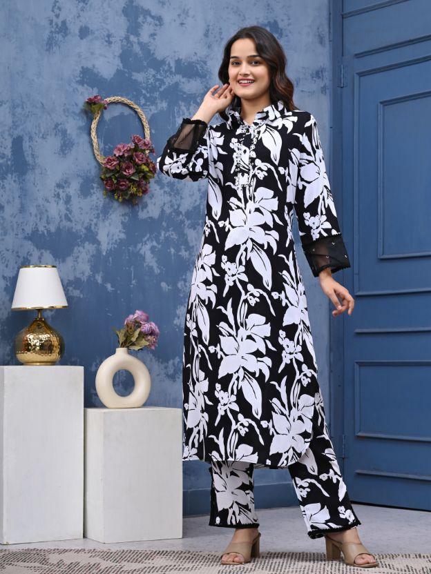 Women’s Black & White Floral Printed Kurti Set with Pants | Elegant Cotton Ethnic Wear for Office & Casual Outings | Comfortable Daily Wear Kurta Set for Women