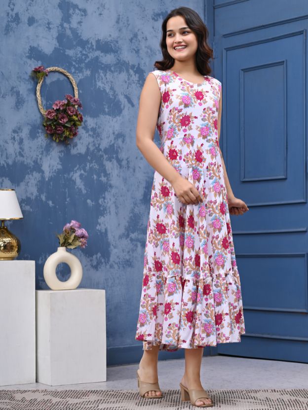 Women’s Floral Printed Sleeveless Maxi Dress | Lightweight Cotton Summer Dress for Casual, Beach & Daily Wear | Stylish Long Gown for Girls & Women